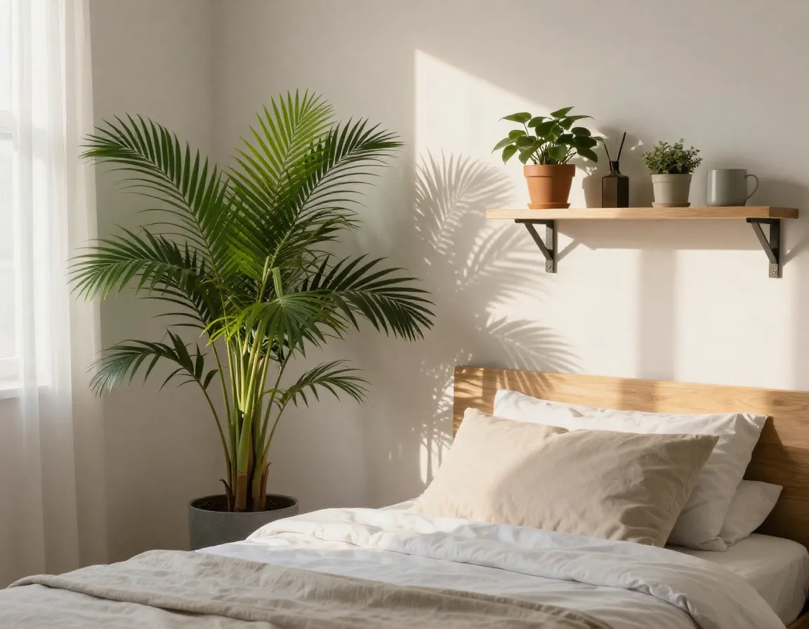 Peaceful bedroom with green plants